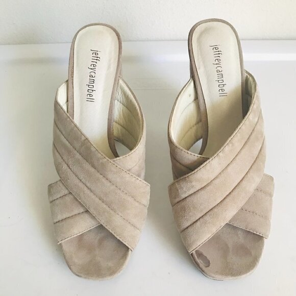 Jeffrey Campbell Taupe Suede Crisscross Slide Platform Sandal Size 8.5 - Picture 2 of 8